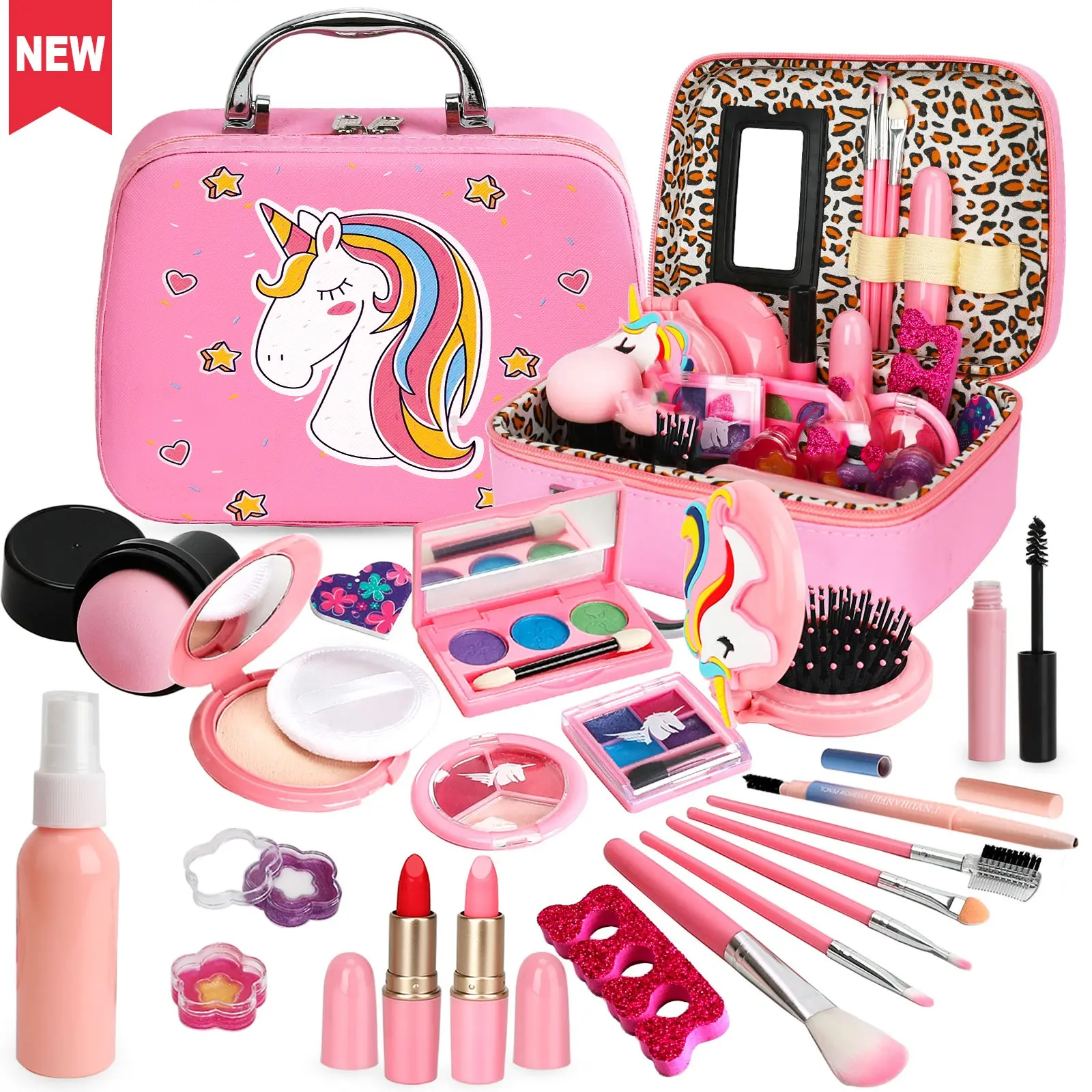 Children's makeup set, a washable pretend playset role-playing toy set that includes powder compact, makeup sponge, lipstick, eyeshadow, makeup brush, blush, comb, plastic mirror, and more. Perfect as a birthday or Christmas gift for children ages 3–12.