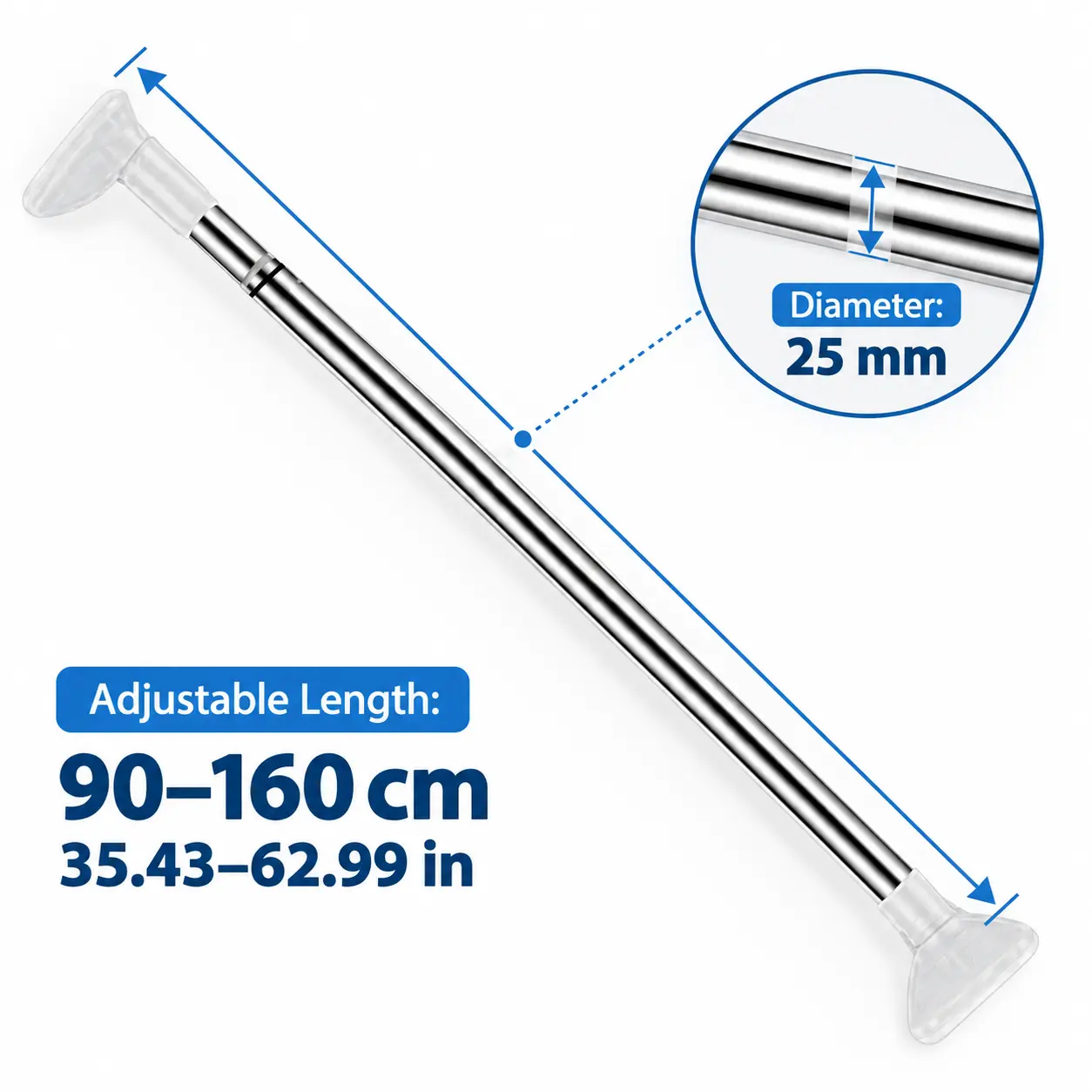 Stainless Steel Tension Curtain Rod, 90–160cm Adjustable No Drill Spring Curtain Pole, 25mm Diameter Expandable Rod with Non-Slip End Caps for Bedroom Windows & Apartments