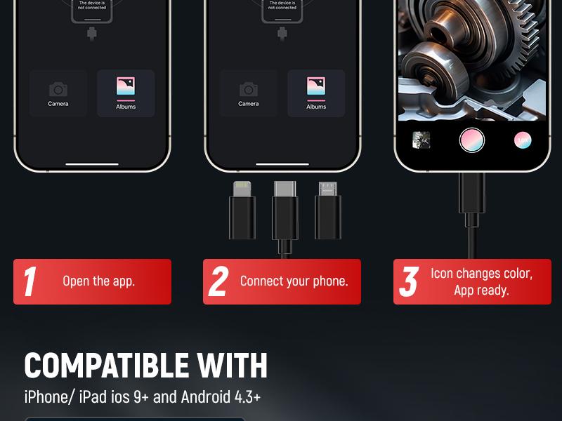 KAIWEETS Endoscope Borescope Camera with 8 Adjustable LED Lights, Car Inspection Camera, IP67 waterproof Multifunctional Inspection Tool for Car Repair, Home Appliance Inspection, Pipeline Maintenance