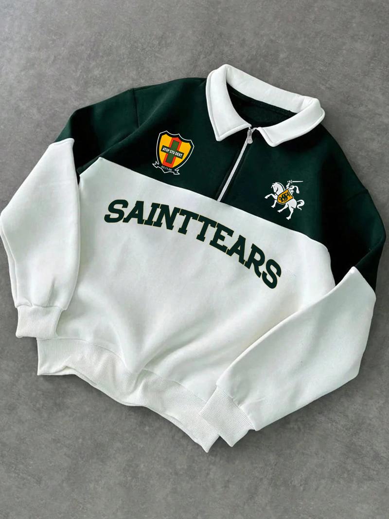 Men's Regular Fit Contrast Trim Zip Up Half Placket Sweatshirt, Casual Comfy Long Sleeve Collared Pullover for Spring & Fall, Fashion Men's Top for Daily Wear, Hoodie