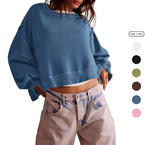 Imily Bela Women's Cotton Crew Neck Crop Top - Long Sleeve, Loose Fit Casual Sweatshirt Pullover with Side Slits, Fall Fashion for Back to School Shopping
