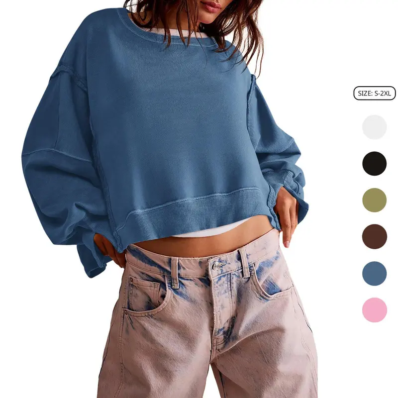 Imily Bela Women's Cotton Crew Neck Crop Top - Long Sleeve, Loose Fit Casual Sweatshirt Pullover with Side Slits, Fall Fashion for Back to School Shopping