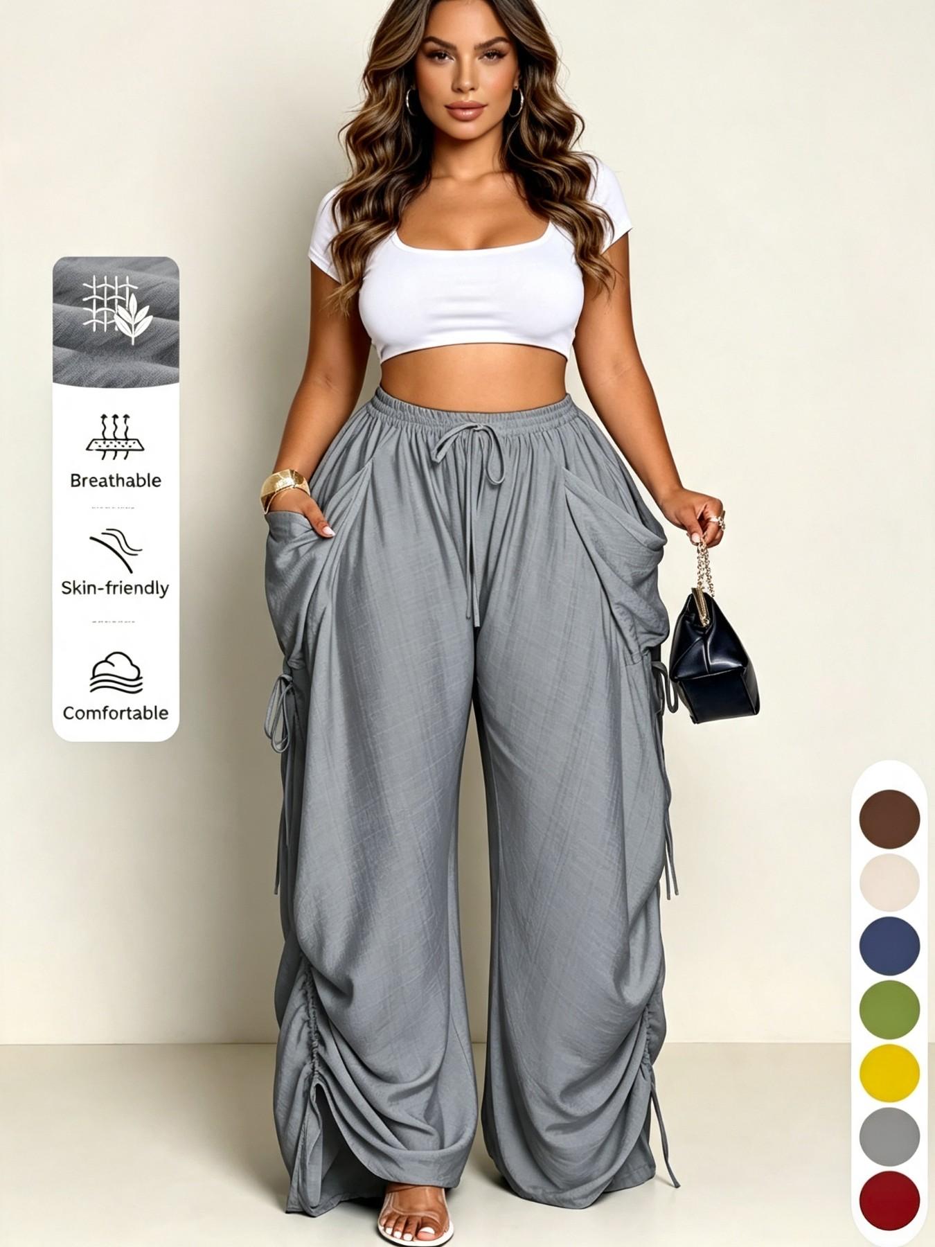 High-Waisted Drawstring Straight-Leg Pants for Women, Casual Comfortable Home Wear, Spring & Fall Fashion, Plain Pattern, Multiple Colors Available