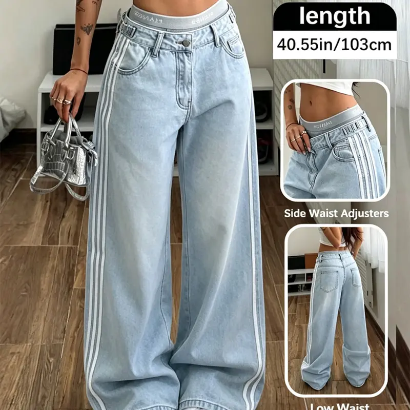 Y2K Retro Women's Jeans, Wide Leg Denim Jeans, Multiple Colors, Side Stripe Design, Low Waist Adjustable, Loose Fit, Floor-Length, Light Wash