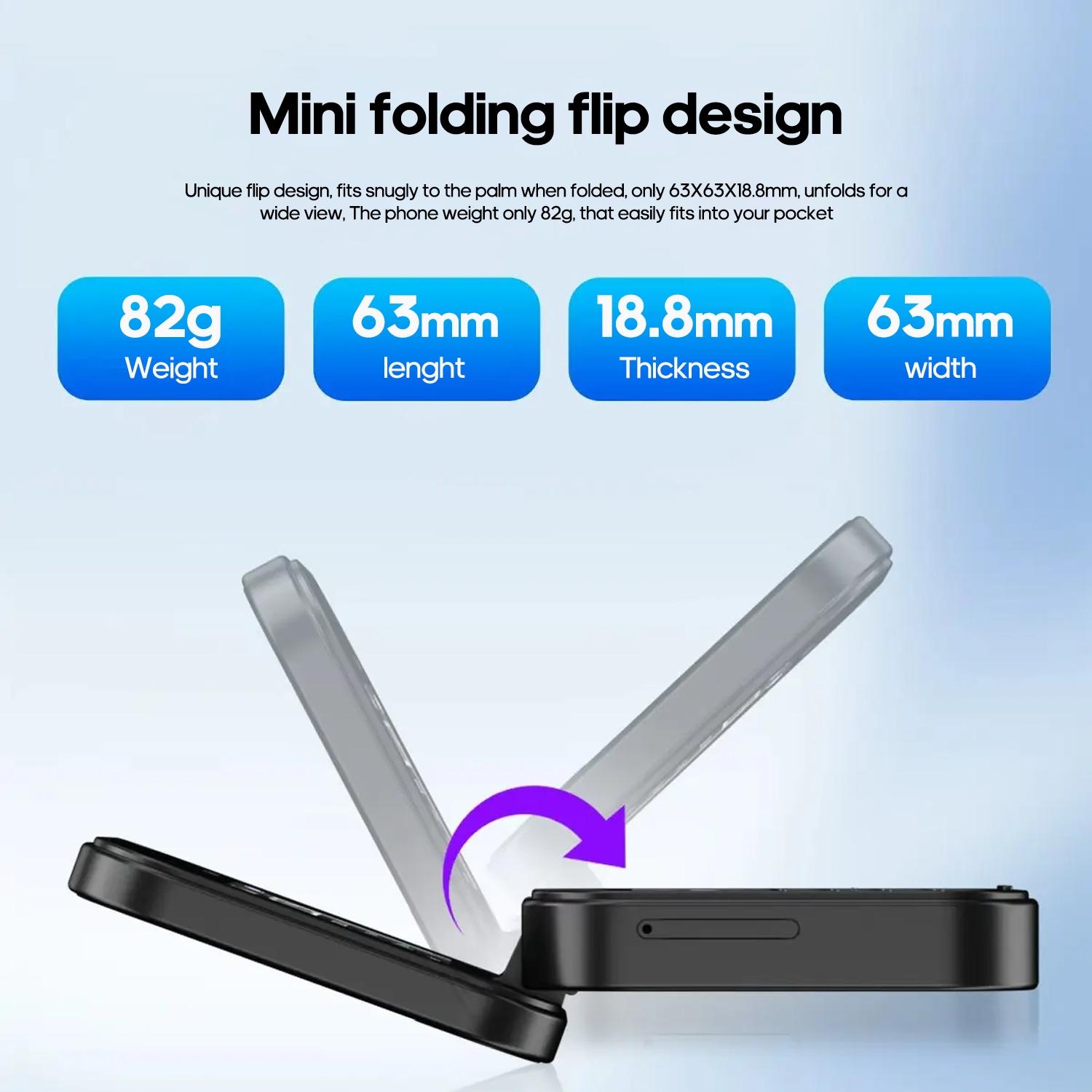 FUFFI fashionable mini folding clamshell phone with 2G network, 1.77-inch high-definition screen, dual SIM dual standby, 1000 mAh battery, flashlight/ music/ video/ convenient lanyard/ maximum support for 8GB capacity expansion