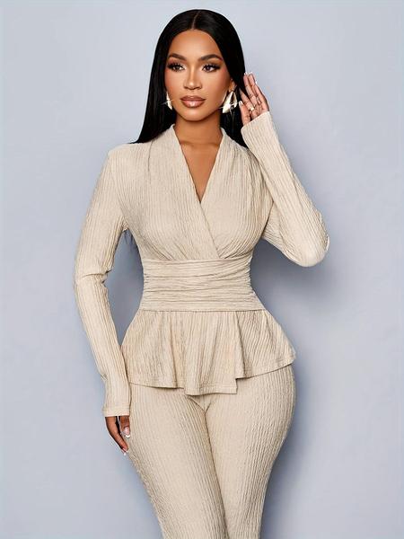 Women's Apricot Color Elegant V Neck Long Sleeve T-Shirt And Wide Leg Pants Two Piece Set, Asymmetrical Hem Two-Piece Outfits, Casual Daily Wear