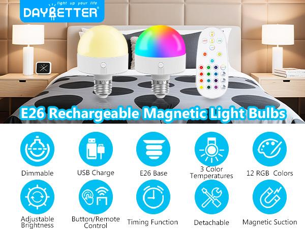 DAYBETTER E26 Rechargeable Light Bulb with Remote & Timer 3 Color Temperatures 12 RGB Colors Dimmable for Sconces Lamps Magnetic Non-Hardwired Fixture 5W 300 Lumens Type-C USB Charge