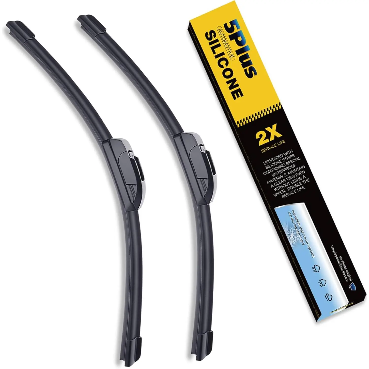 5 PLUS Silicone Windshield Wiper Blades 2 Pack, Graphene Coated Front Wipers, Water Repellent, Quiet All-Weather Performance, Vehicle Specific Replacement