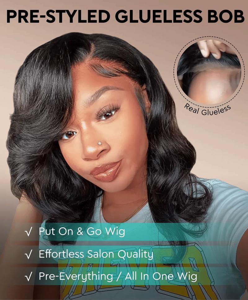 Ashimary 250% Density Glueless Ready To Go Wig- Pre Styled Side Part Body Wave Layer Cut 6x4.5 Lace Closure Bob Wig Invisi-Drawstring Ready to Go Short Bob Wigs Pre Everything Human Hair Wigs Pre Plucked Pre Cut For Black Women
