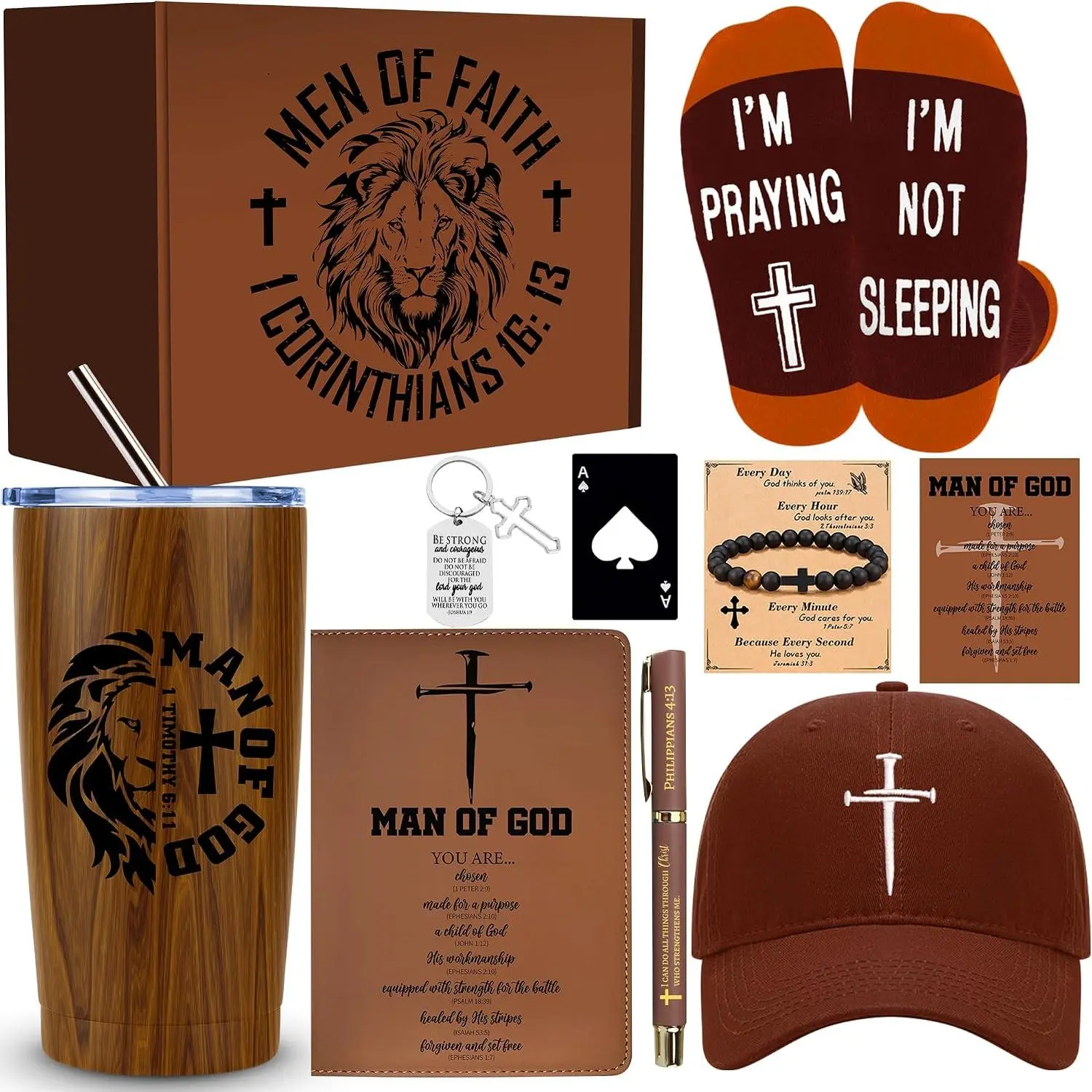 10-Count Christian Religious Gift Set with 20 Oz Tumbler, Hat, Socks, Synthetic A5 Biblical Verse Leather Journal, Pen & Box – Office Stationery Gift for Dads, Husbands, A5 Journal