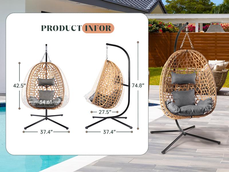 LHBcraft Wicker Rattan Hanging Egg Chair with Stand, 350lbs Weight Capacity, Hanging Basket Chair with Strong Frame, Porch Swing Chair, Indoor & Outdoor Use Hammock,Christmas gift