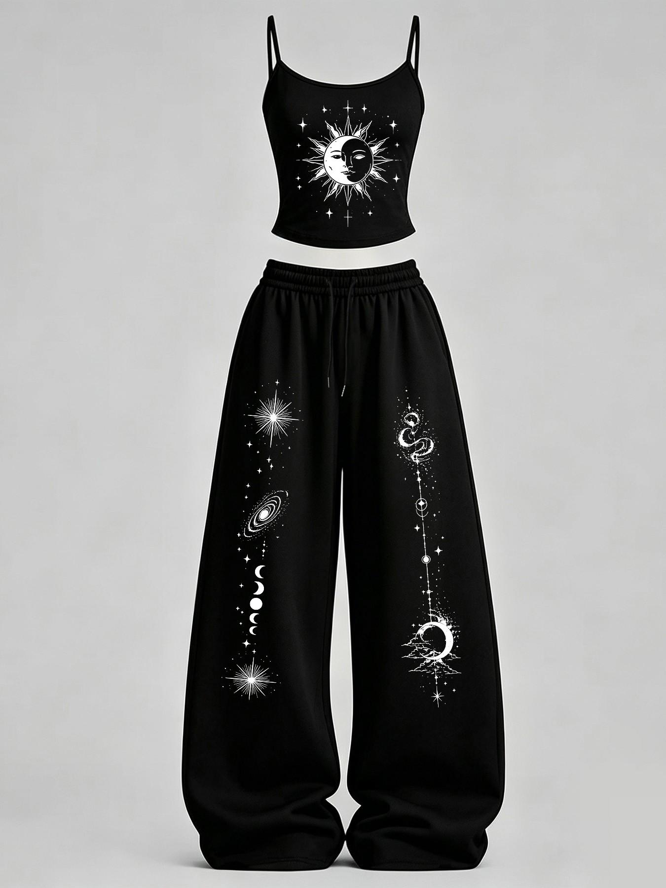 Women's Casual Slim-Fit Tank Top & Loose Pants Set, Y2K Gothic Starry Sky Print, Ideal for Daily Commute, Streetwear, Campus, Home Relax, Clothes