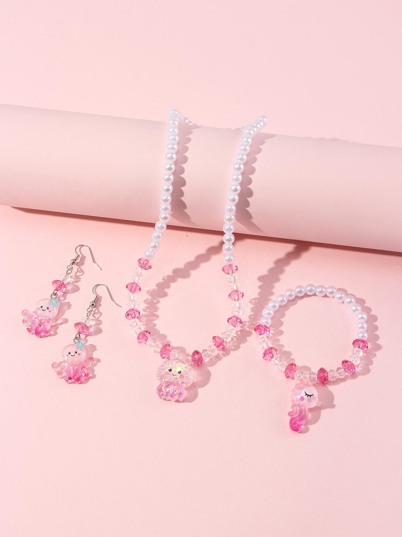 4pcs/set Acrylic Ocean Animal Pendant Pearl Bead Necklace Bracelet Set, Cute Butterfly Pattern, All Seasons, Perfect Gift for Girls