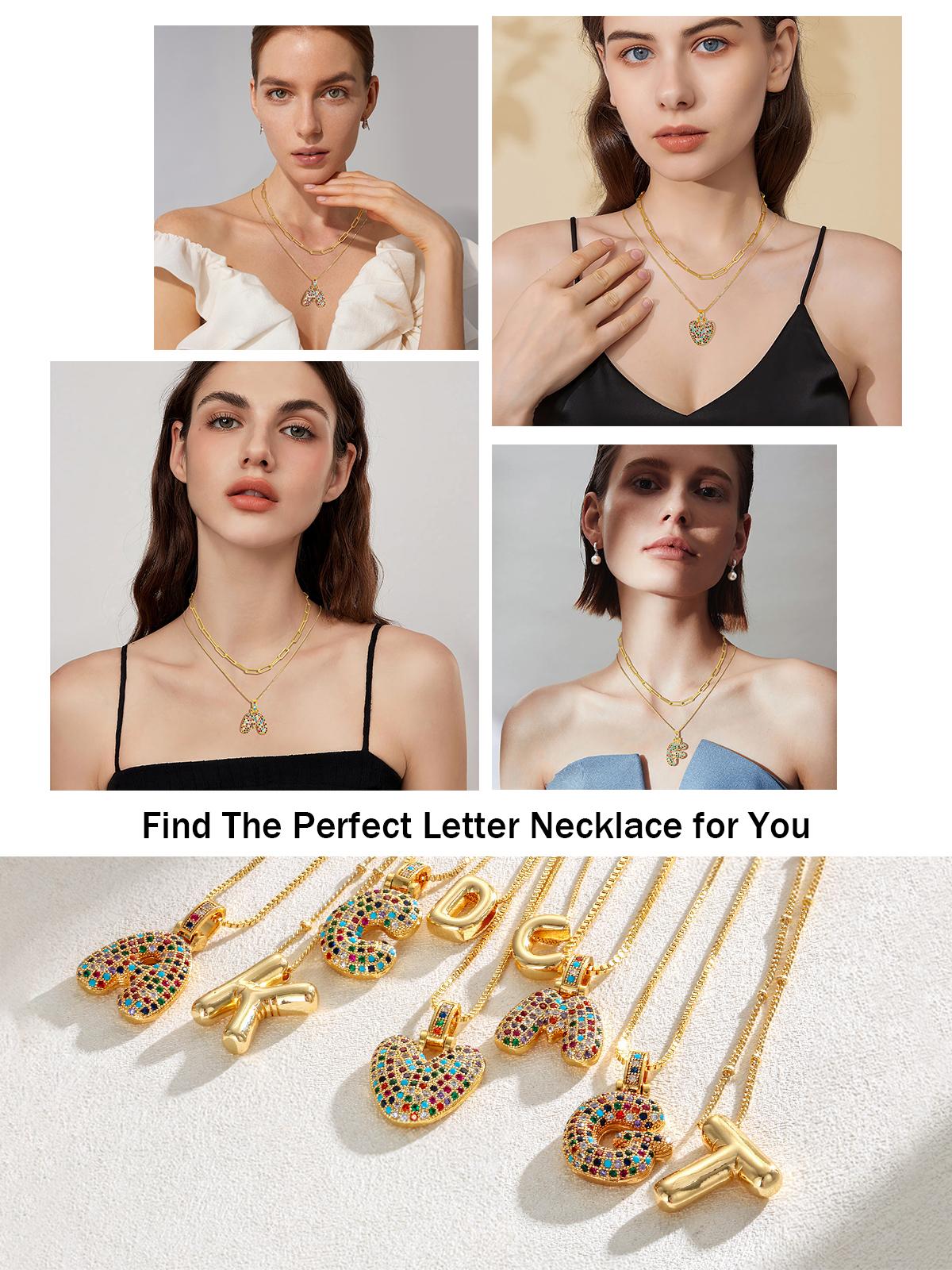 DEARMAY  Bubble Letter Necklace, Colorful Boho Balloon Initial Pendant Box Chain Necklace Dainty Pave CZ Jewelry Gift for New Year  2025 Spring Gift.