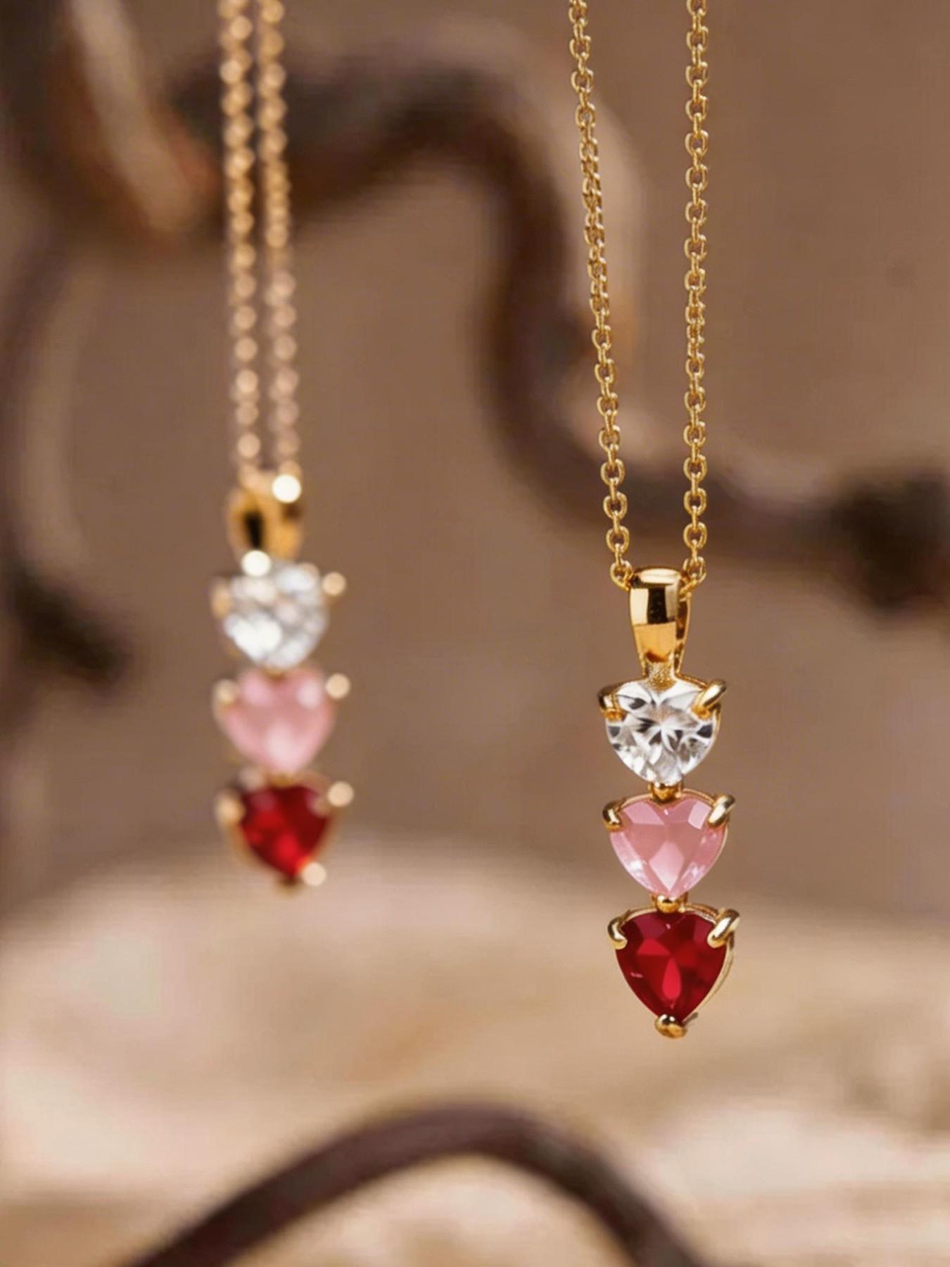 1 pcCopper gold-plated small pendant necklace with green and pink gradually changing heart-shaped gemstones, wedding necklace, bridesmaid gift, anniversary gift (for wife), grandmother gift (for mother), Mother's Day gift , Valentine's Day girlfriend gift