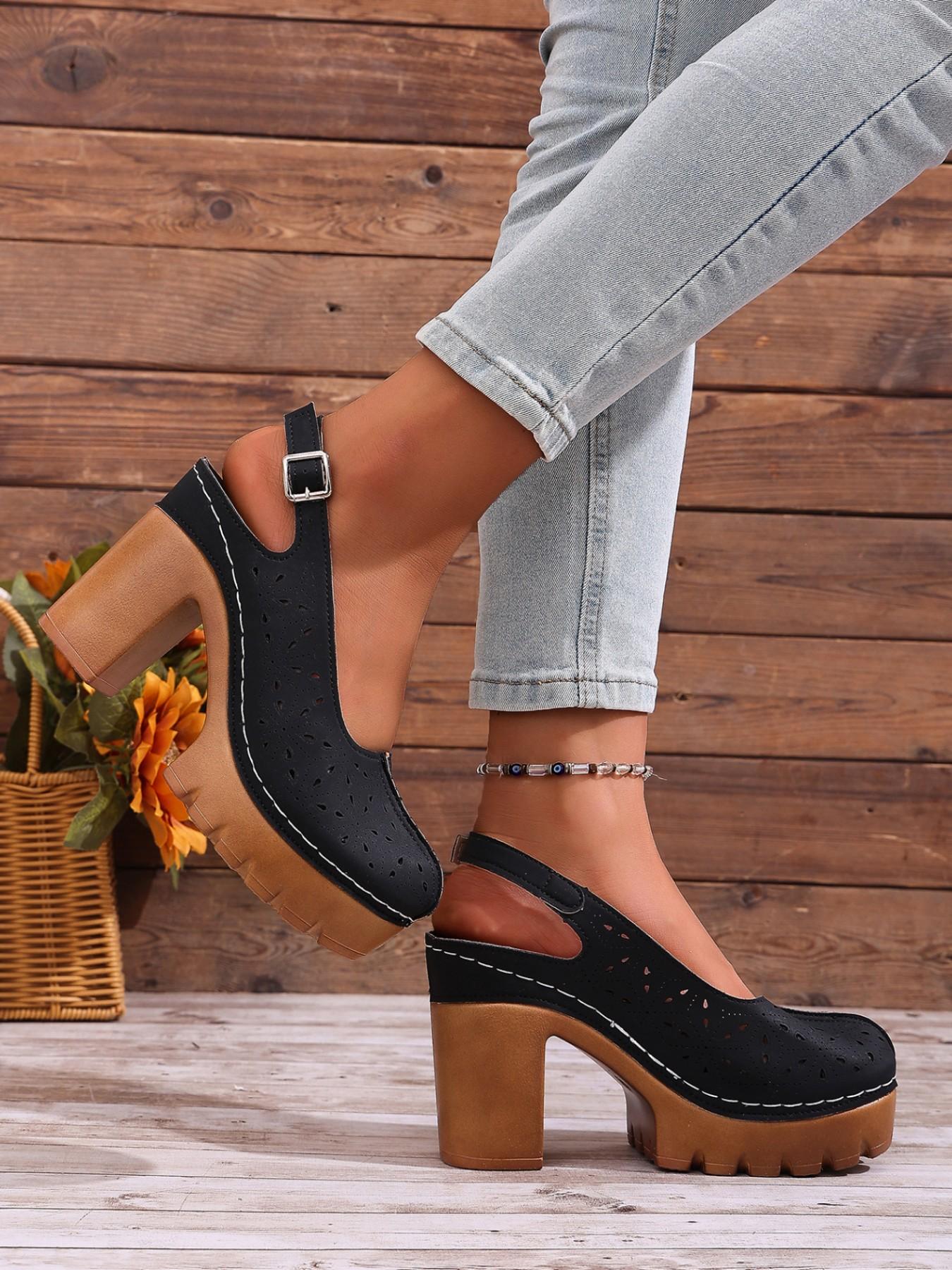 2026 Summer New Retro Thick Heel Sandals for Women, Hollow Out Floral Design, Waterproof Platform High Heels, Versatile Outdoor Wear