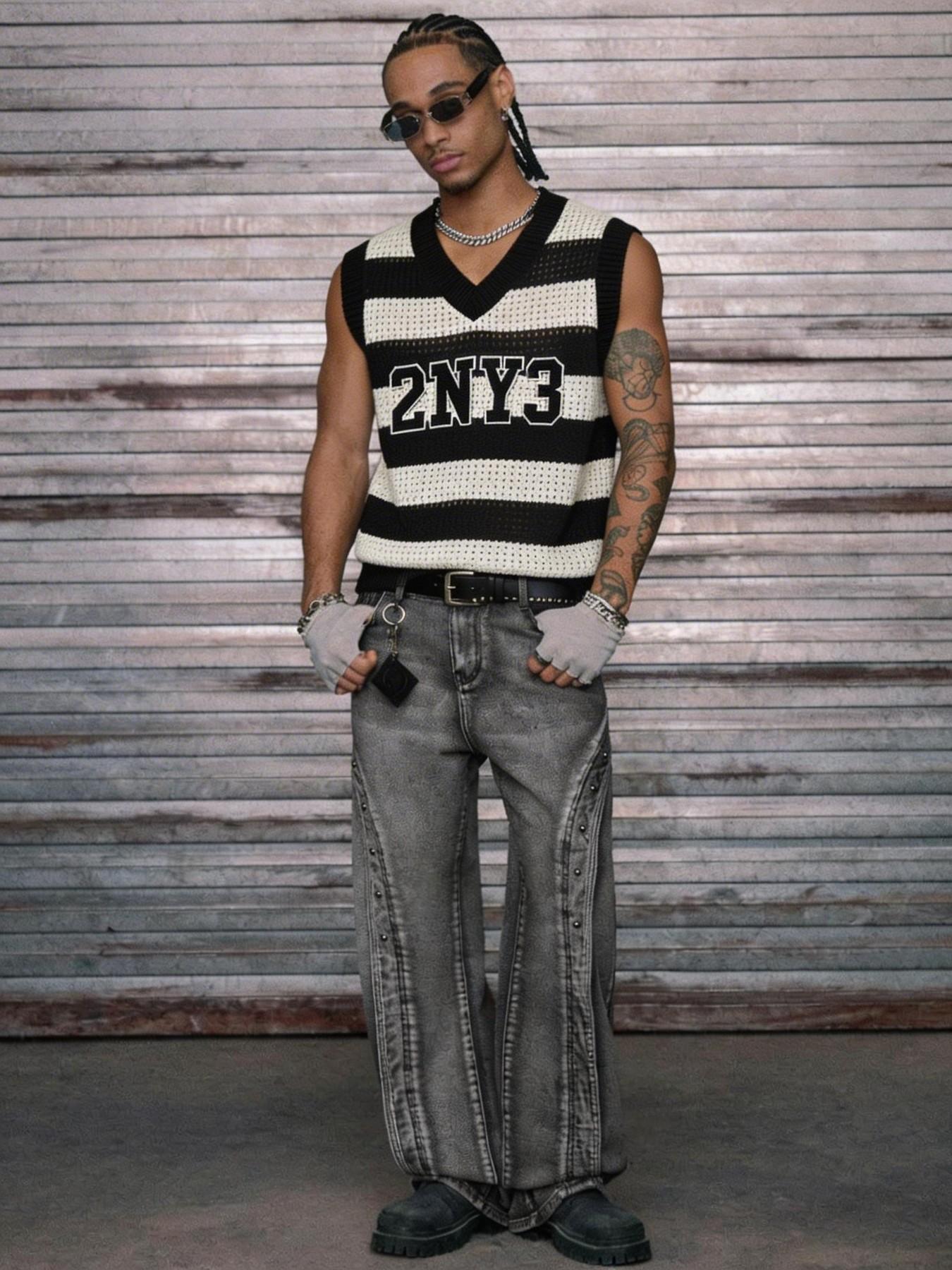 Men's 2NY3 Striped Hollow Out Knitted Vest | V-Neck Streetwear Sleeveless Top Menswear