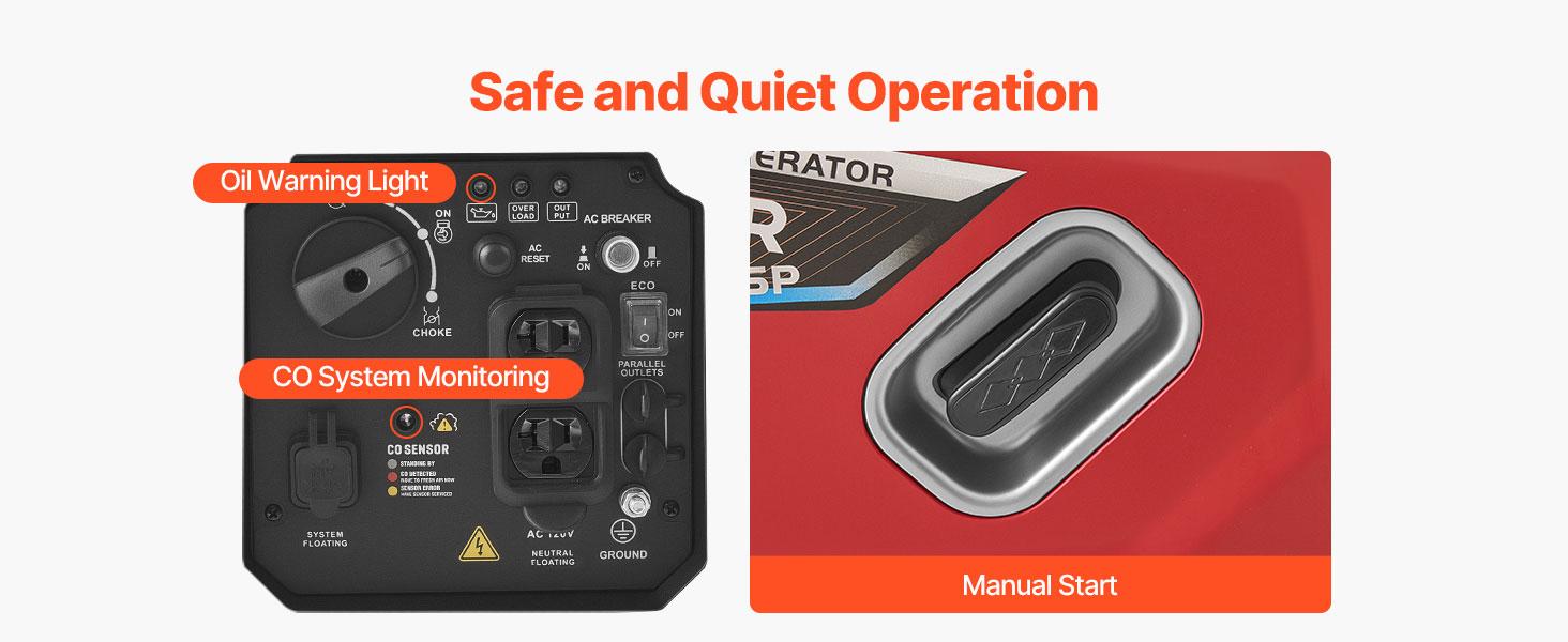 VEVOR Inverter Generator, 2900W Peak Watt Quiet Inverter Generator, Portable Inverters Generators for Home Use, Gas Powered, Compact and Lightweight Design - Stable Power, CO Sensor, Orange/Black