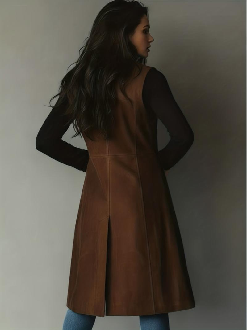 Women's Fashion Commuter Vintage American Collar Jacket Mid-Length Vest, Button Front, Fitted, Knee Length, Fall & Winter