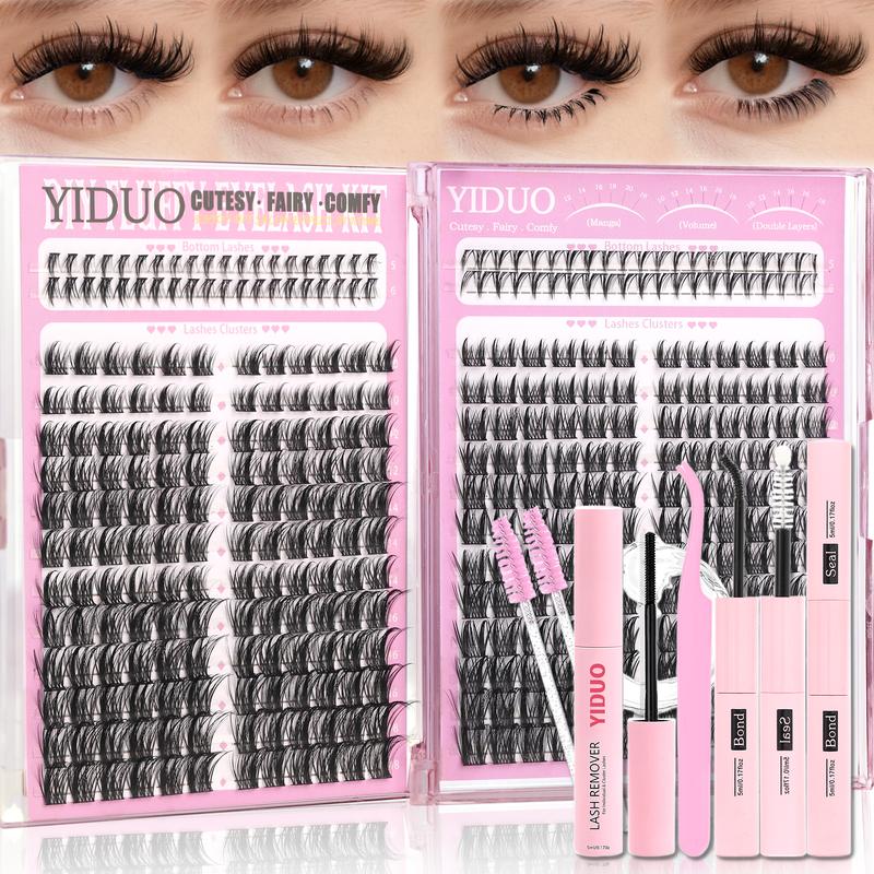 YIDUO 1850pcs/set Lash Clusters Gift Set, 40D/60D/80D/100D Volume Manga Spiky Bottom Lash Extension Kit, 10-20mm D Curl Wispy False Eyelashes with Double-Ended Eyebrow Pencil, Waterproof Eyeliner, Eyelash Curler & Bond and Seal Kit, DIY Lash Kit