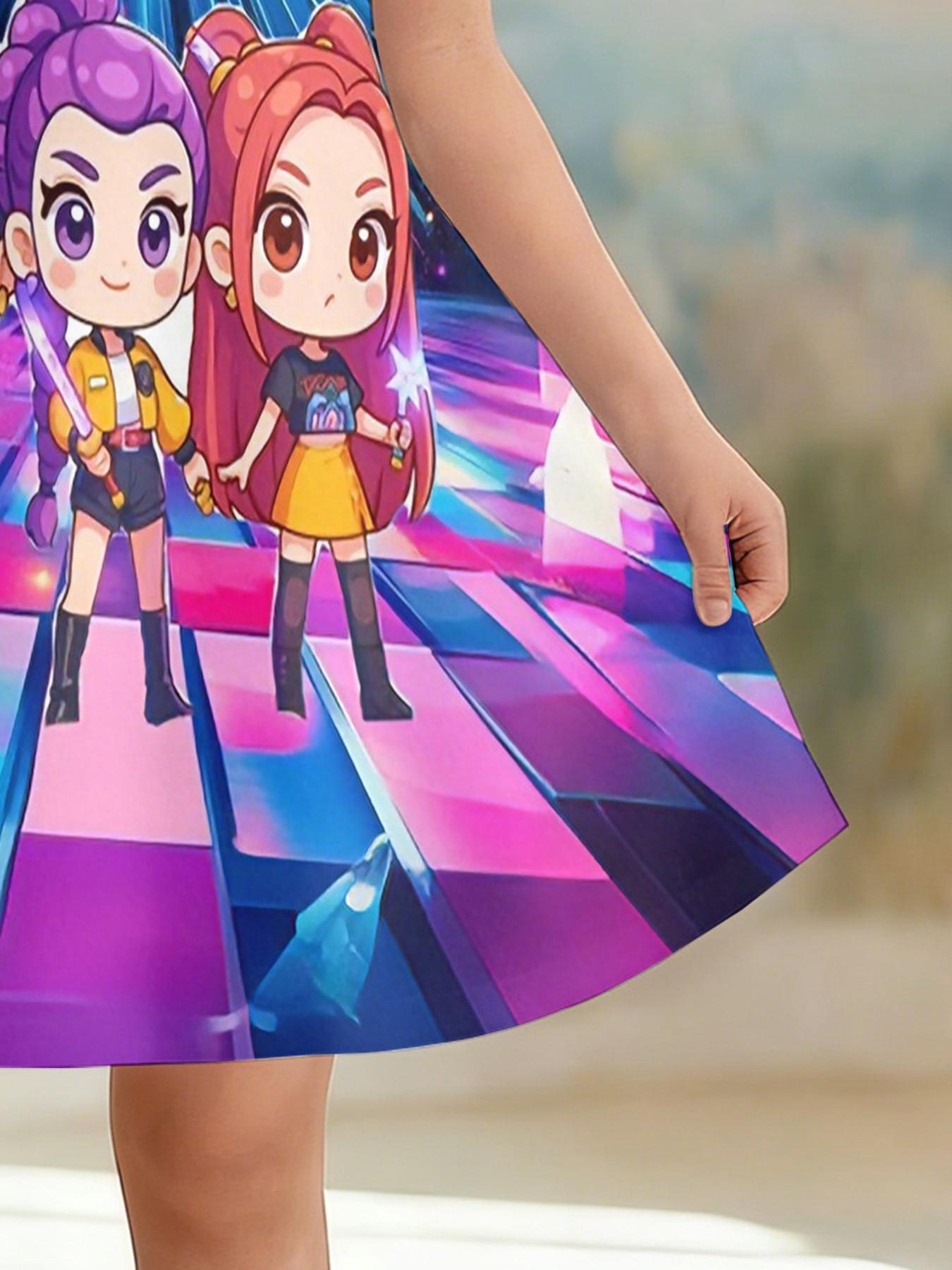 Girls' Witchy Disco Stage Dress, Q Version All-Over Print A-Line Skirt, Fashion Outdoor Wear, Birthday Gift, Festival Gift