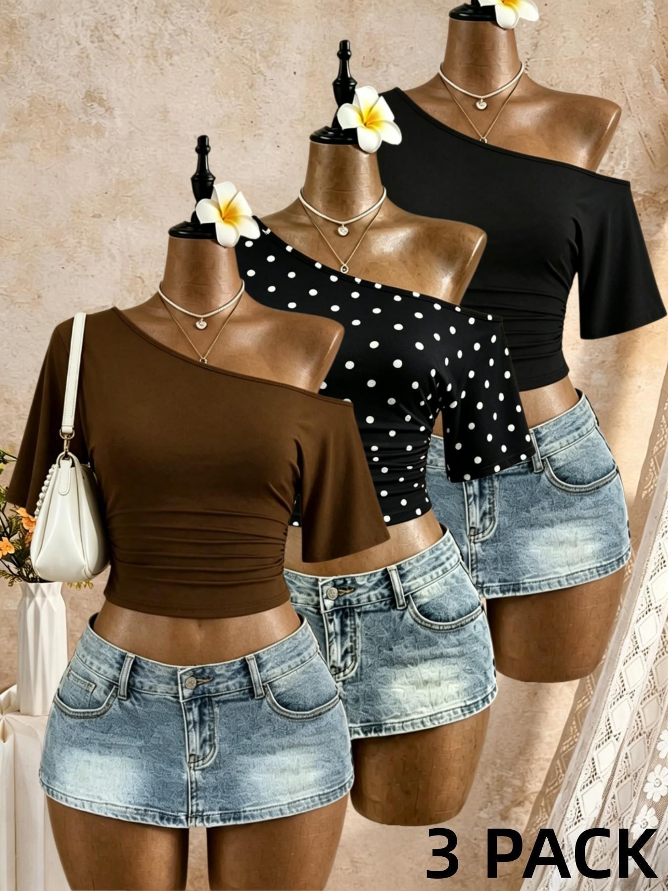 3-Pack Asymmetrical Shoulder Pleated Mid- Sleeve Short T-Shirts, Streetwear Date Wear, Show Waist Slimming Top, Trendy Ladies' Clothing, Casual Chic, Casual Daily Tops