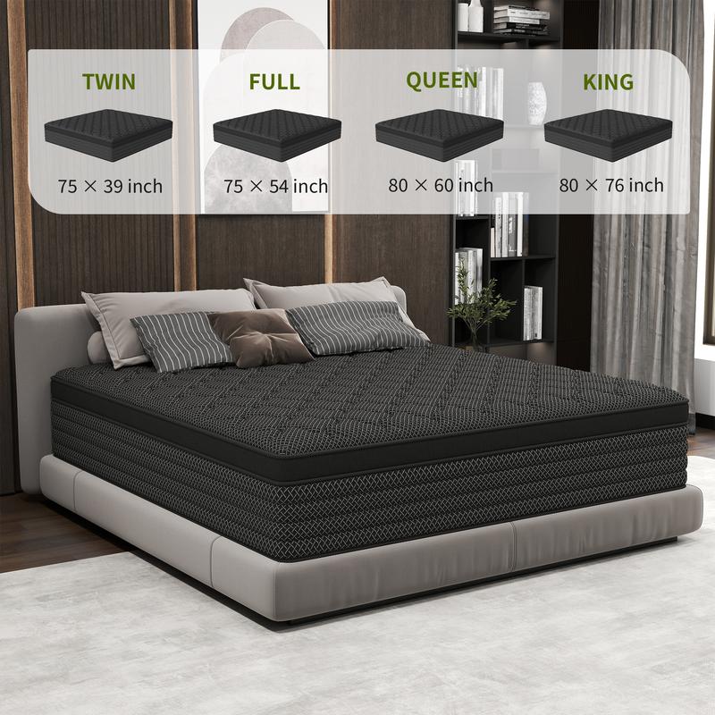 BOMASS 12" 14" Mattress Twin Full Queen King Hybrid Gel Memory Foam Individual Pocket Spring Black Mattresses Medium Firm Back support Bed in a box