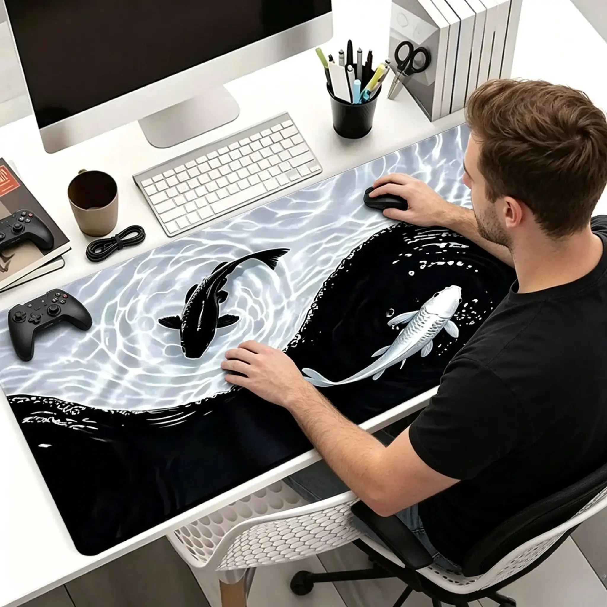 Extra Large Yin Yang Koi Fish Gaming Mouse Pad - Non-Slip Rubber Desk Mat with Stitched Edge, Water Wave Pattern for Office PC Gamers, Holiday Gift Accessory, Gaming Mousepad