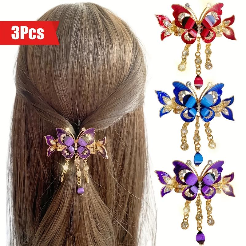 3pcs Vintage Bohemian Butterfly Tassel & Rhinestone Embellished Hair Clips - Elegant Stylish Back-of-Head Hair Accessories (Home Decor Accent Pieces) claw