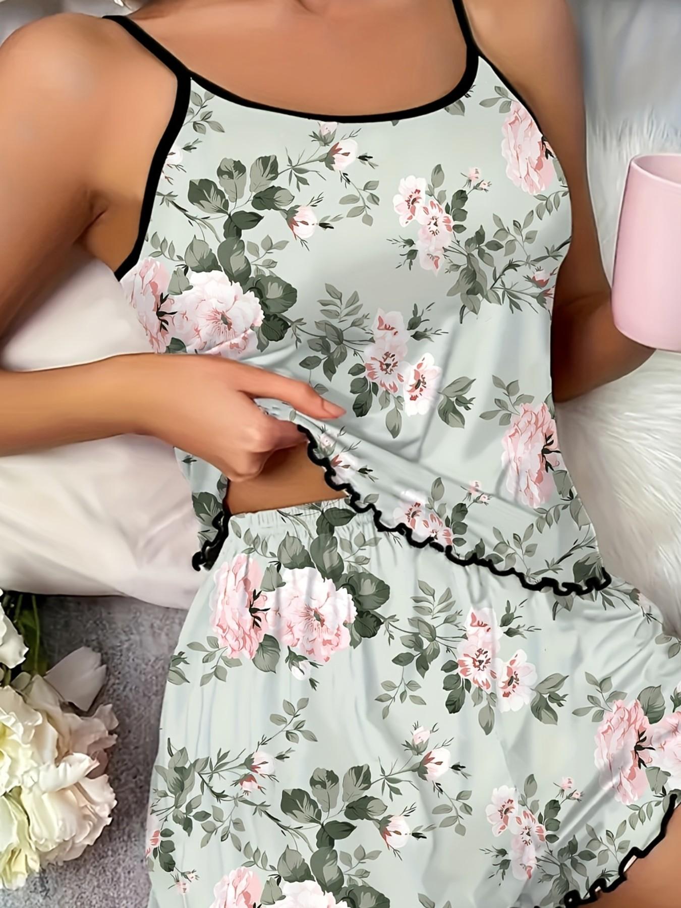 Two-Piece Floral Print Ruffle Hem Women's Spaghetti Strap Tank Top and Shorts Pajama Set, Comfortable Summer Sleepwear and Loungewear for Ladies, Stylish Night Homewear