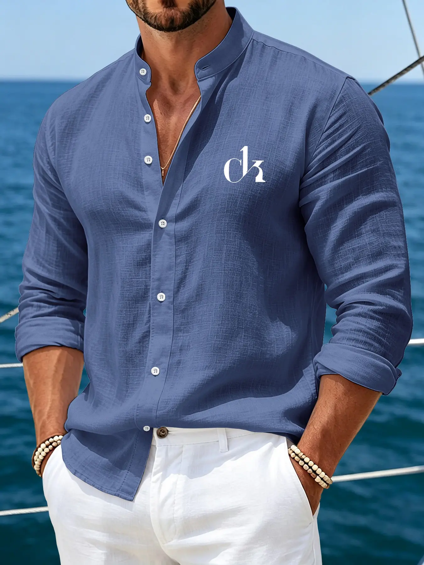 Men's Long Sleeve Linen-Style Button Front Stand Collar Shirt, Casual Office Wear, All Seasons, Ideal Gift for Men