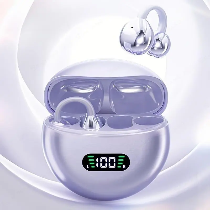 MOKATA TWS Open-Ear Clip-On Chargeable Wireless Earbuds with Clip-On Wireless Earpads, Headphones Bluetooth 5.4, Hi-Fi Sound, LED Display, Noise Suppression, IPX5 Water Resistant, Charging Case for Gym & Daily Use - Purple