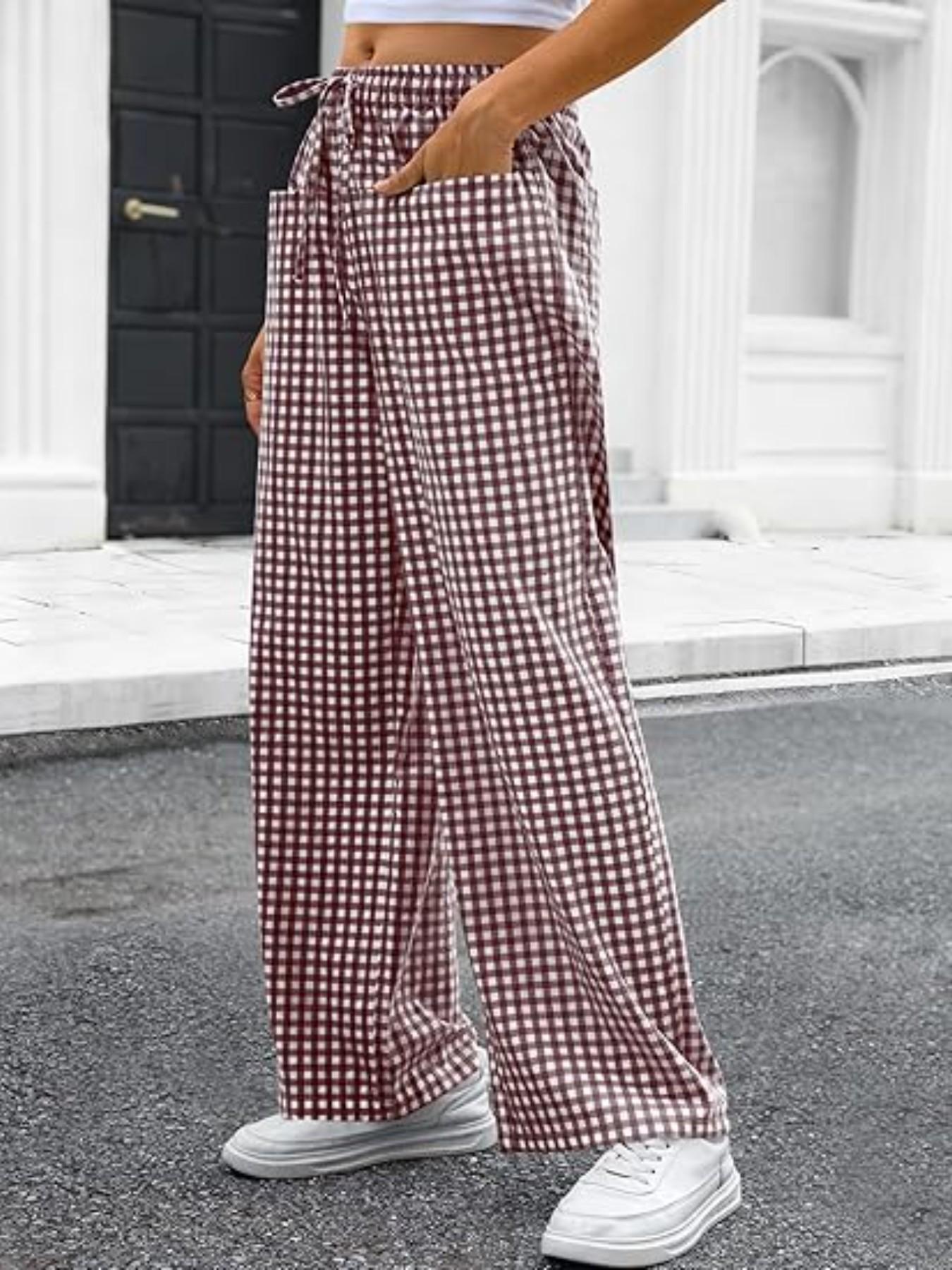 Women's Plaid Wide Leg Pants, Casual Loose-Fitting Drawstring Design, Comfortable Elastic Waist with Pockets, All Seasons Fashion, Womenswear