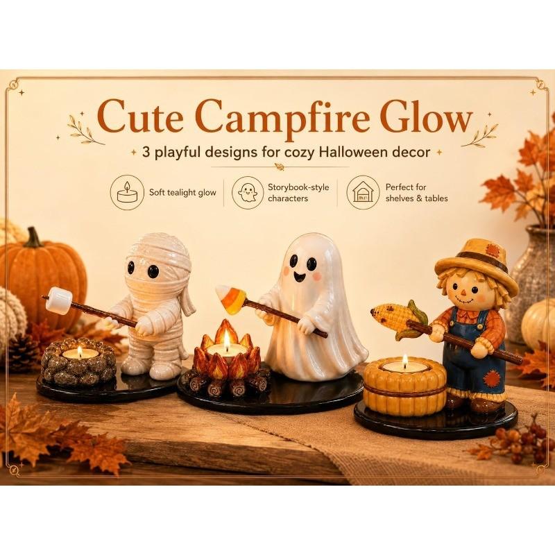 Resin Halloween Tea Light Candle Holder Set – Ghost, Mummy, Scarecrow & Campfire Figurines, Spooky Tabletop Decor for Mantel, Shelf & Centerpiece, Creepy Home Accent for Adults