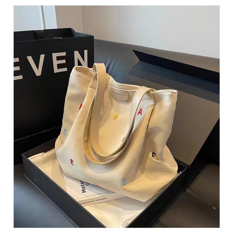 Women's Large Capacity Canvas Tote Bag, Trendy Embroidered Letter Shoulder Bag, Fresh Style Handbag for Students