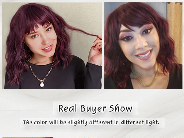 [ AISI HAIR ] Curly Bob Wig with Bangs Short Wavy Wine Red Color Wigs for Women Bob Style Synthetic Heat Resistant Bob Wigs