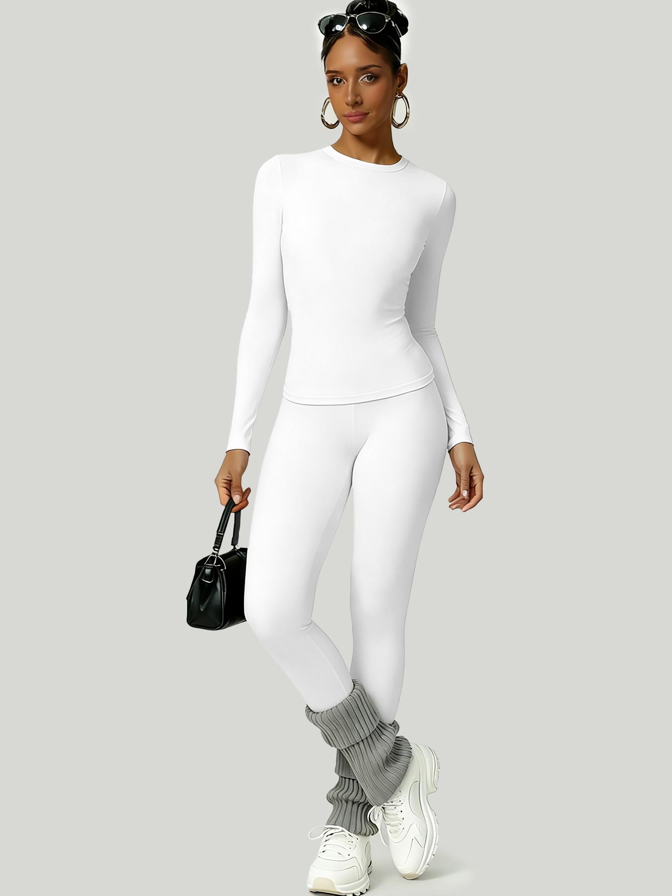 Women's Simple Solid Color Sportswear Set, Comfortable T-Shirt & Slimming Leggings, Perfect for Fall Winter Yoga & Daily Wear