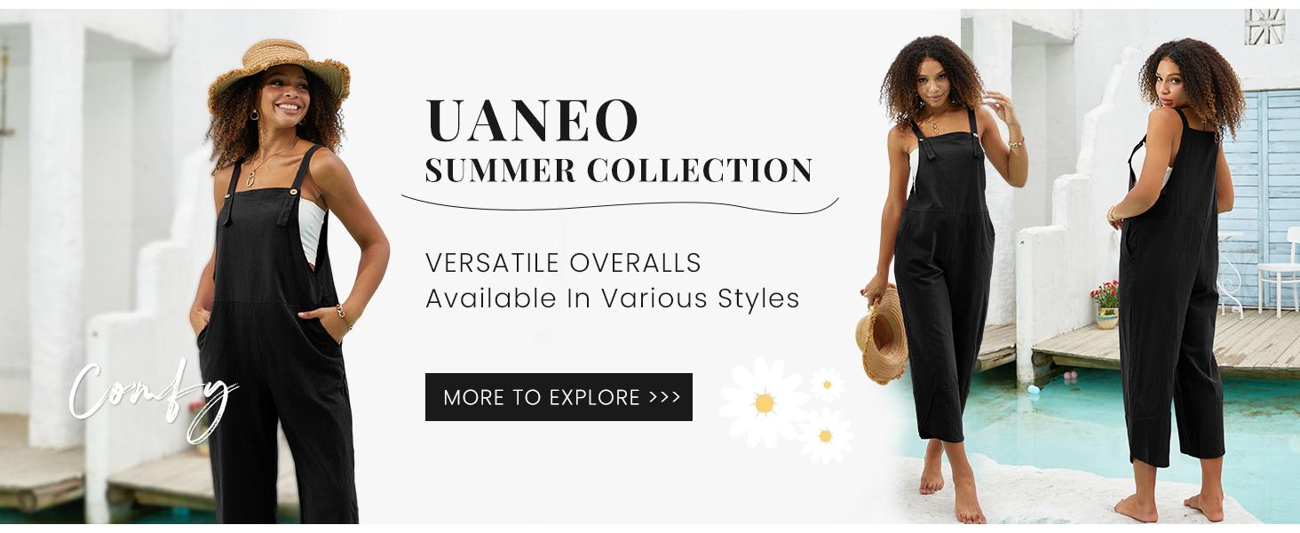 UANEO Womens Cotton Adjustable Casual Summer Bib Overalls Jumpsuits with Pockets