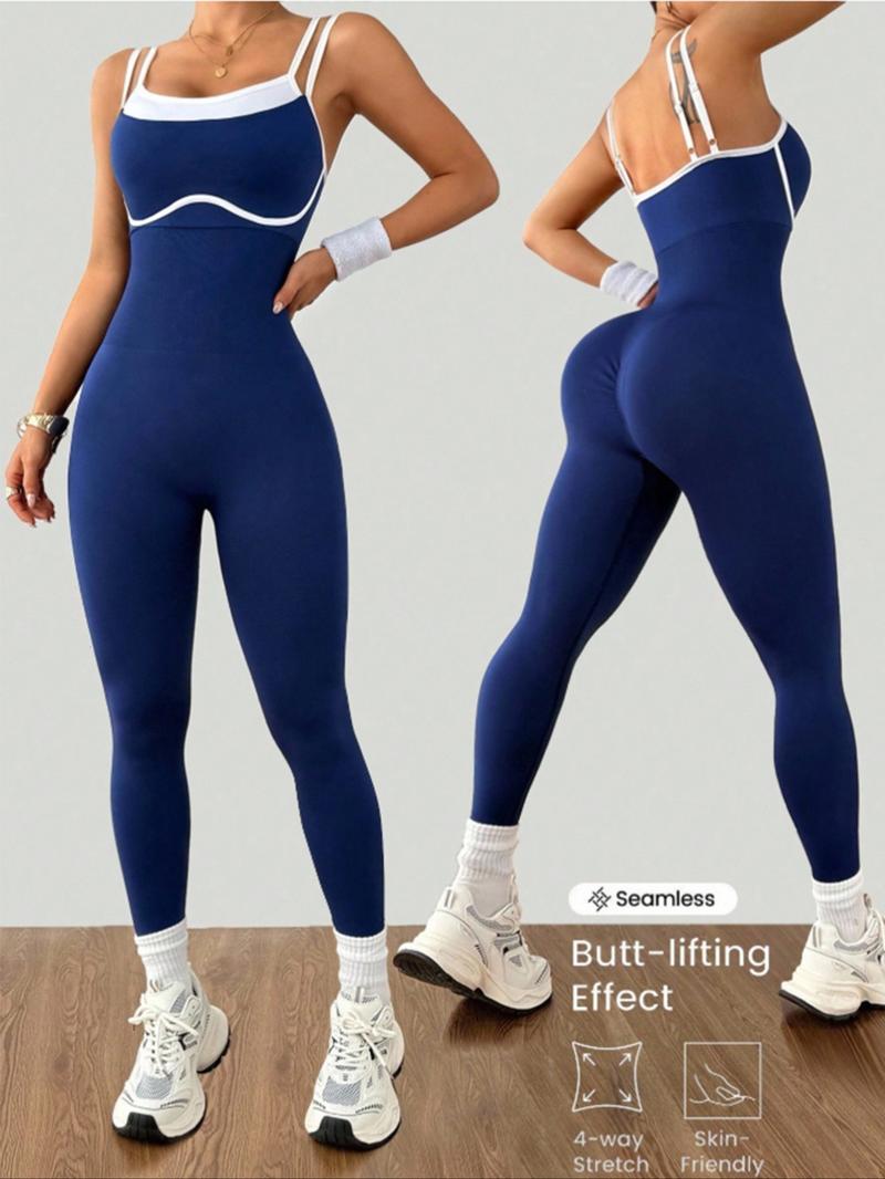 Women's Colorblock Adjustable Straps Sporty Jumpsuit, High Stretch Knit Waistband, Casual Fashion Yoga Pants, All Seasons Wear, Workout Jumpsuit