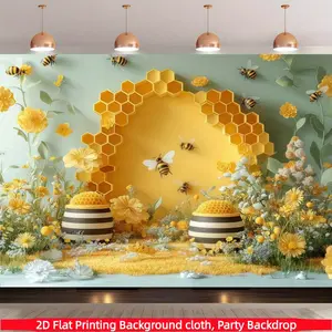 Colorful bee and honeycomb background banner, polyester photography background cloth, party banner, indoor and outdoor party decoration, holiday party, home decoration and studio props, room decoration, holiday party supplies