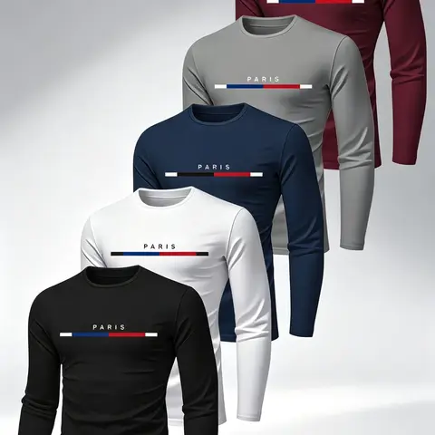 Men's Long Sleeve T-Shirt Set, Breathable Polyester Fabric, Paris Print Design, Regular Fit, Casual Fashion Streetwear, Spring & Fall Wear, Casual Athleisure Tee