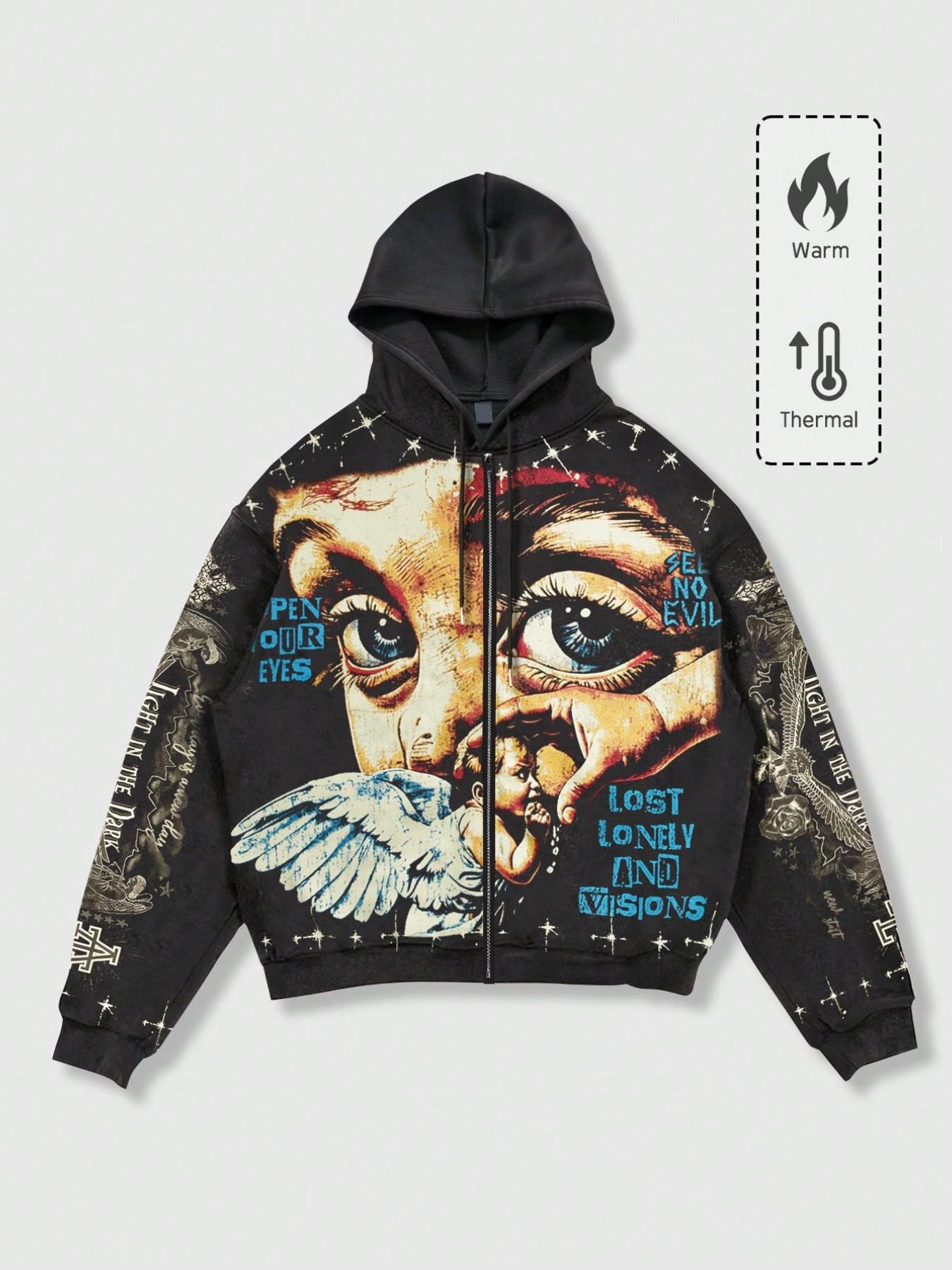Men's Y2K Retro Vintage Streetwear, Angel Wings Graffiti Print Zip-Up Sweatshirt, Graphic Hoodie, Loose-Fit Short Jacket
