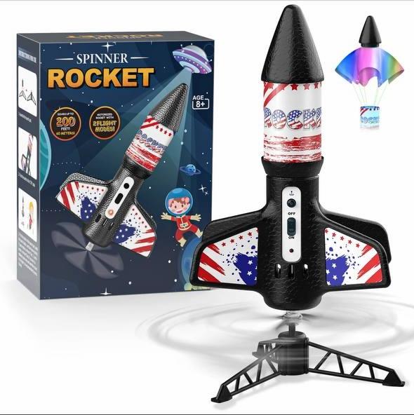 Auto Launch Spinner Rocket Toy, Soars Up to 200FT, Outdoor Flying Rocket with 2 Flight Modes, STEM Gift for Kids 8+