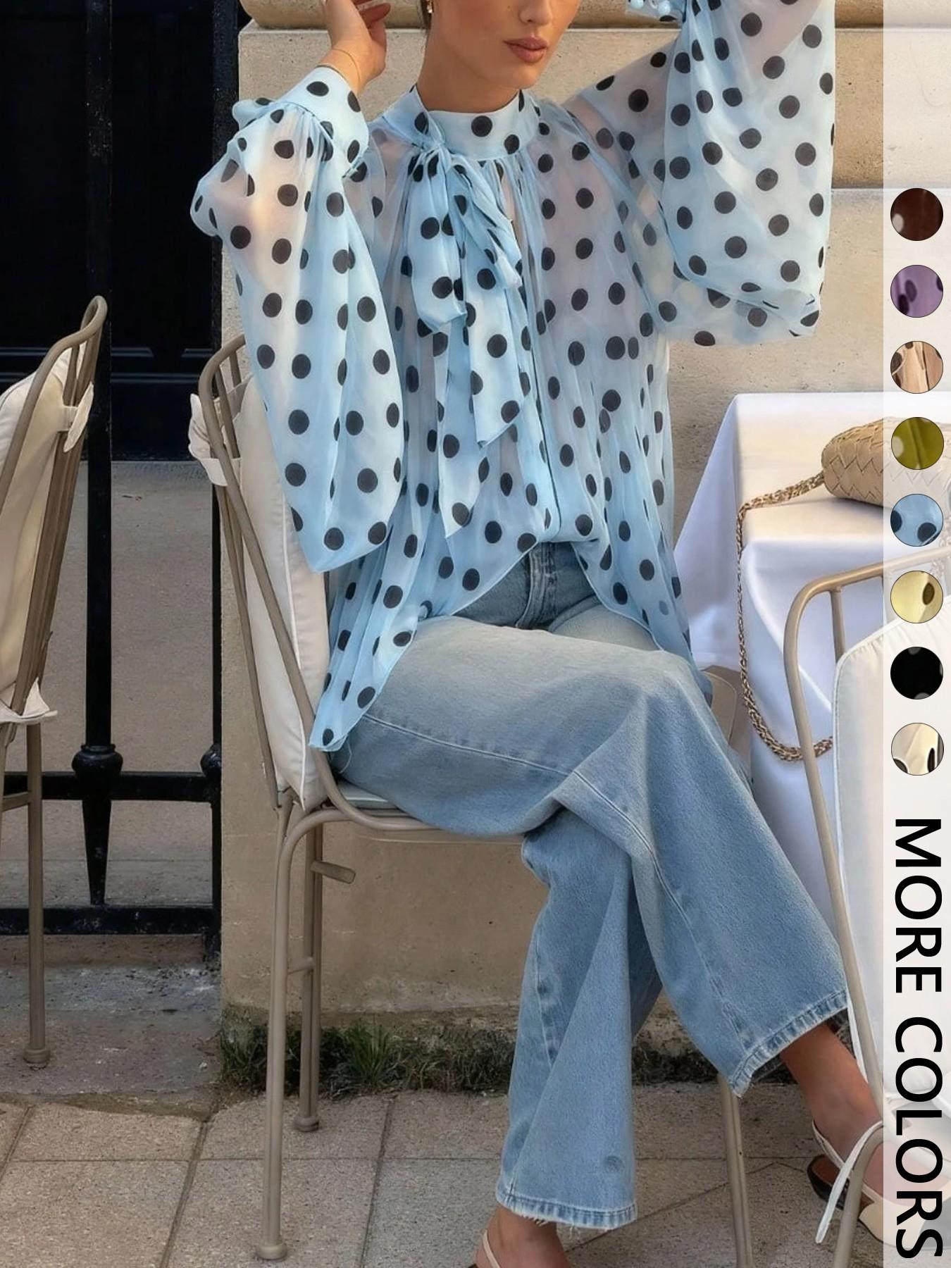 Women's Polka Dot Sheer Chiffon Blouse, Bow Tie Neck & Long-Sleeve Top, Loose Fit Elegant Feminine Shirt for Casual Daily, Party, Commute & Vacation Wear, Spring Summer Layering