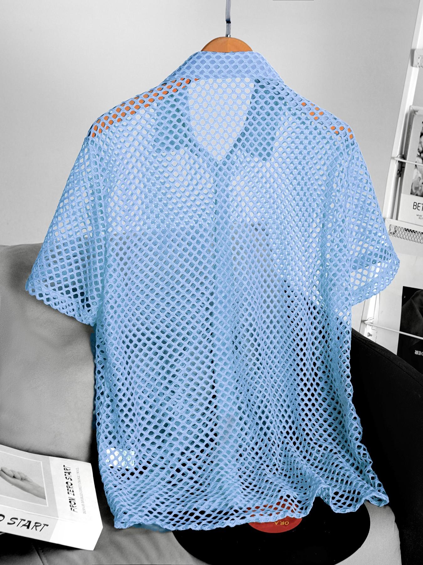 Men's Hollow Out Collar Short Sleeve Button Shirt, Relaxed Fit Solid Color Casual Open Front Blouse, Sexy Breathable, Summer Beach Party, Vacation