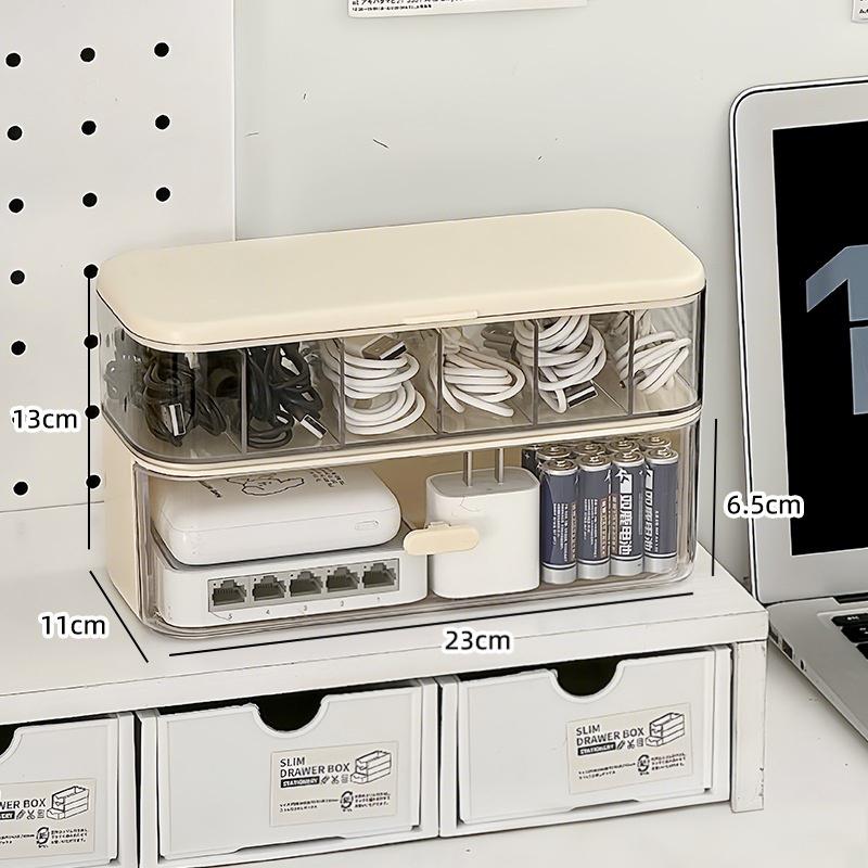 Double-Layer Transparent Desk Cable Organizer Box - Compact Wire/Charger Storage for Home & Office, Adjustable Dividers + Cable Management Pouch, Sturdy Workspace Organizer, Office Supplies, Cord Organizer