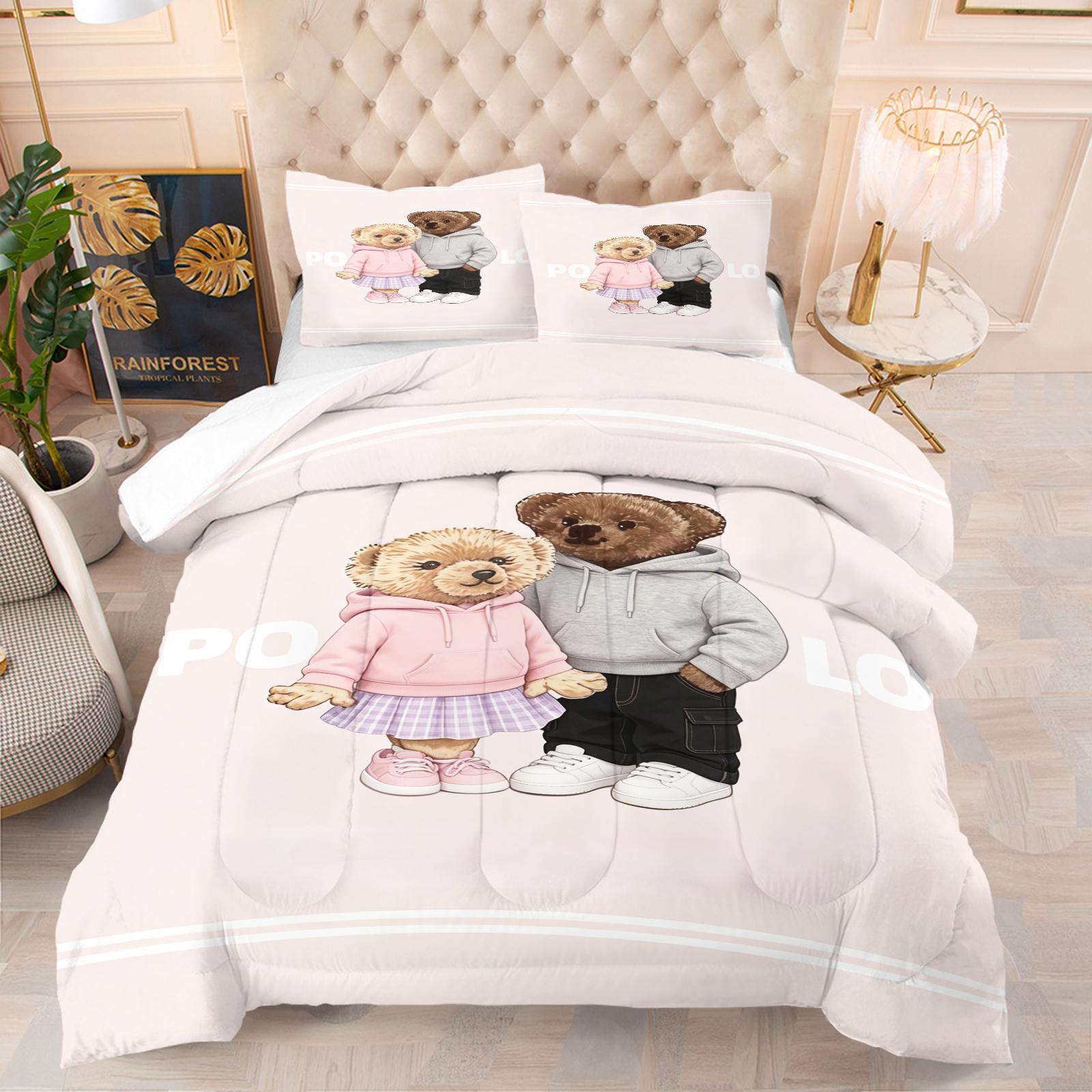 A set of small bear print bedding, including 1 quilt and 1 or 2 pillowcases without pillow inserts, soft bedroom decor gifts for children and adults