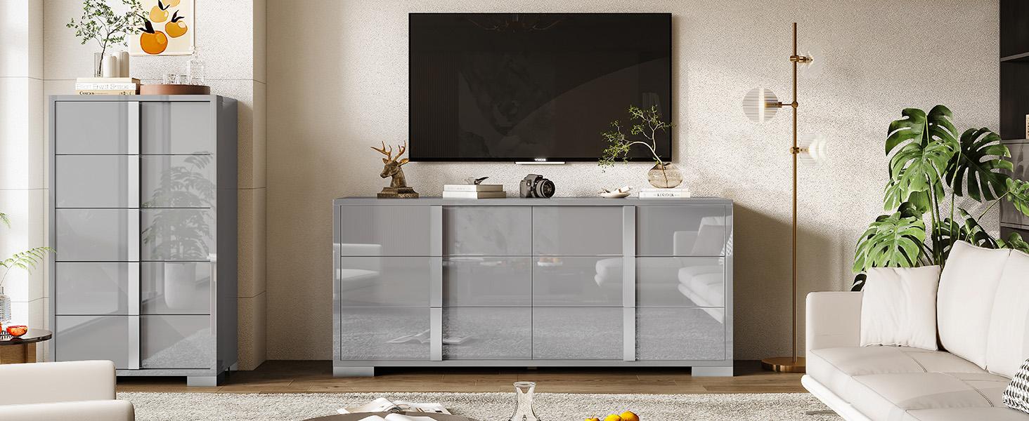 VanAcc Minimal High Gloss 5/6 Drawers Dressers with Silver Grooved Handles, Aesthetic Design, Modern Storage Chest of Drawers with Wide Tabletop, Storage Cabinet for Bedroom, Dressing Room, Living Room