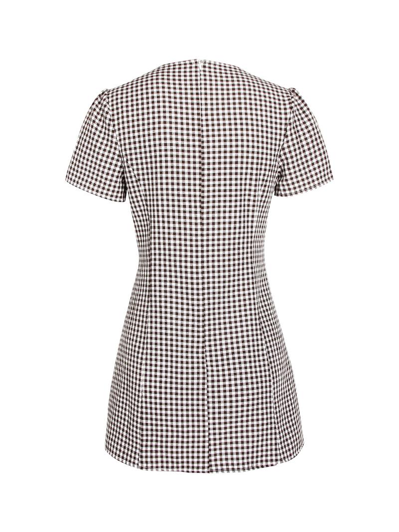 Women's Plaid Print Button Decor V Neck Dress Casual Fashion Short Sleeve Dress for Daily Outdoor Wear Ladies Clothes for All Seasons Sexy Shirt Mini Dress