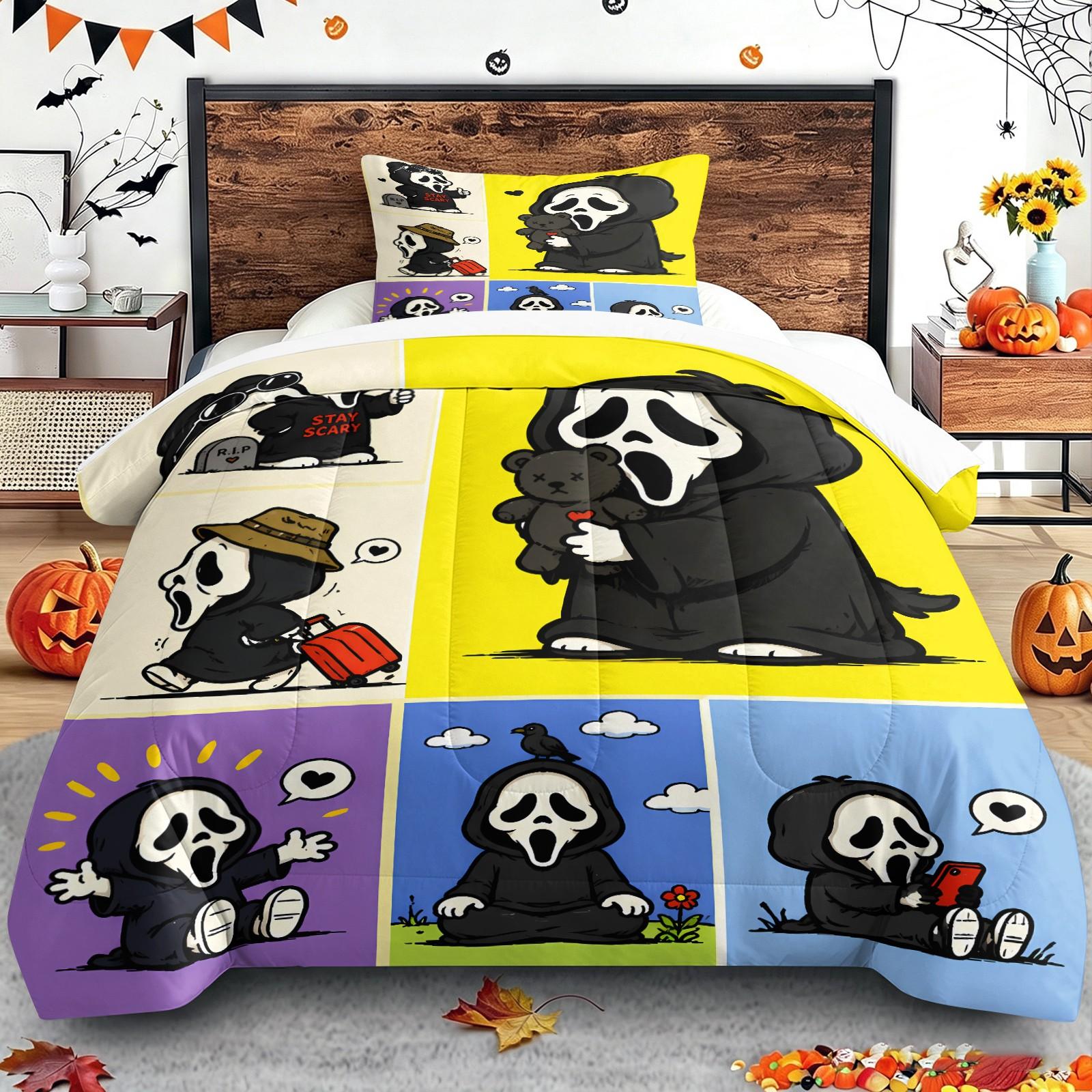 Color-Block Plaid Chibi Hugging a Teddy Bear, Pulling a Suitcase and Playing Phone Ghostface Print Comforter Set & 1-2 Pillowcases, Comfortable Easy Care Bedding, Halloween or Movie Fans Bedroom Dorm Decor